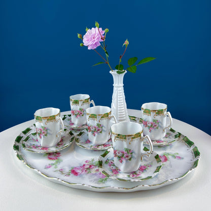 Antique Hot Chocolate or Coco Serving Set. Wild Roses Motif. Oval Hand-Painted Tray & Five Matching Cups. Anniversary Gift. Gift for Mom.