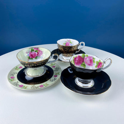 Antique Lefton Black and Gold Tea Cup and Saucer. Hand Painted Rose Motif. Dining Room Decor. Gift for Him or Her. Collectible Porcelain.