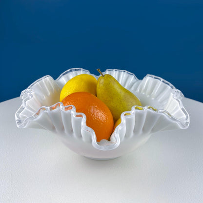 Silvercrest Bowl with Ruffled Edge. White Glass Fruit Bowl or Serving Dish with Clear Brim. Table Centerpiece. Serviceware. Wedding Gift.