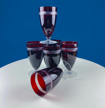 Vintage Ruby Red Bohemian Crystal Wine Water Goblets. Red to Clear with Engraved Laurel Wreath Band.  Set of Six Stemware. Dining Room Decor