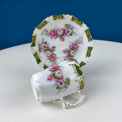 Antique Hot Chocolate or Coco Serving Set. Wild Roses Motif. Oval Hand-Painted Tray & Five Matching Cups. Anniversary Gift. Gift for Mom.