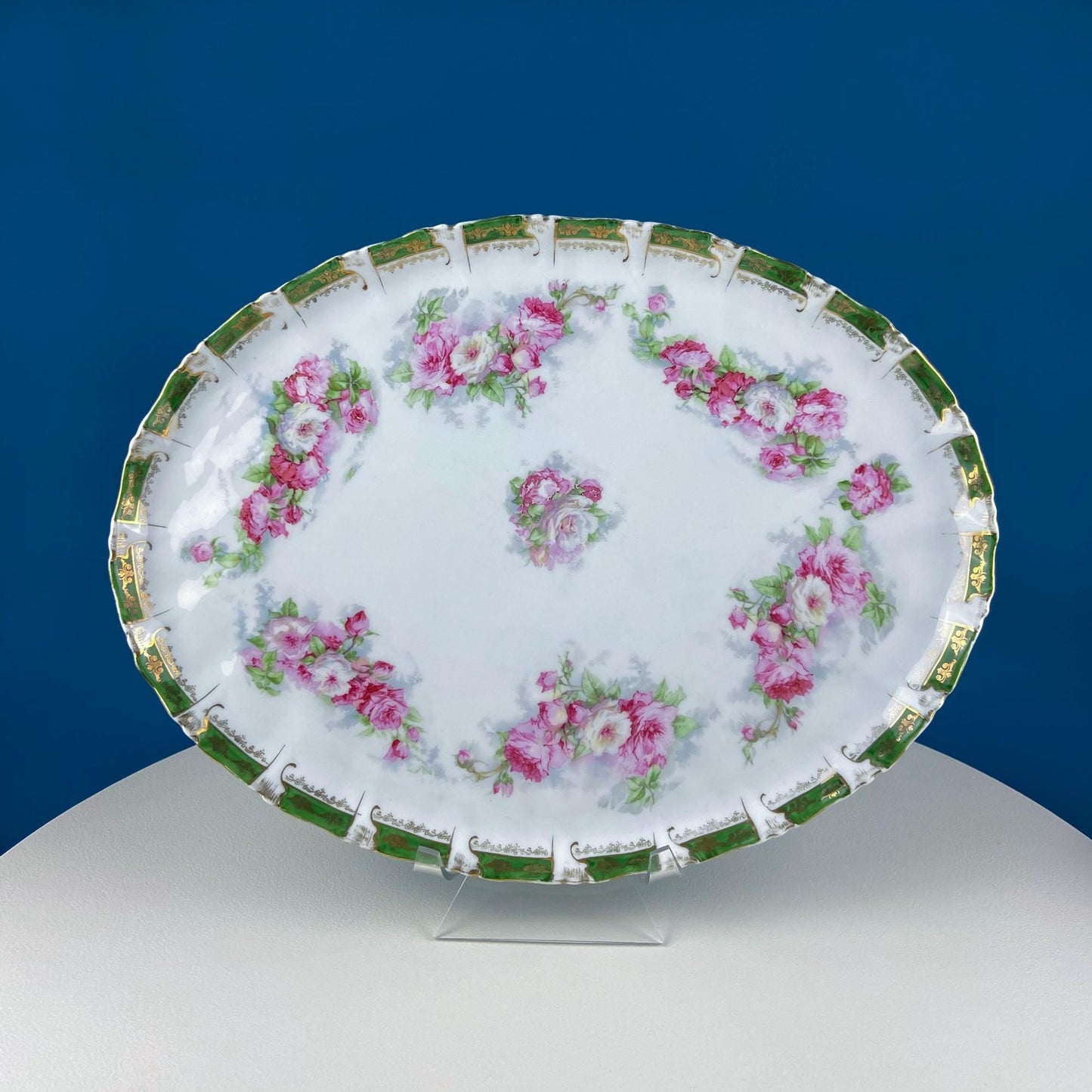 Antique Hot Chocolate or Coco Serving Set. Wild Roses Motif. Oval Hand-Painted Tray & Five Matching Cups. Anniversary Gift. Gift for Mom.
