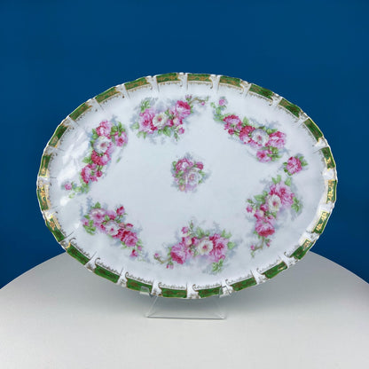 Antique Hot Chocolate or Coco Serving Set. Wild Roses Motif. Oval Hand-Painted Tray & Five Matching Cups. Anniversary Gift. Gift for Mom.