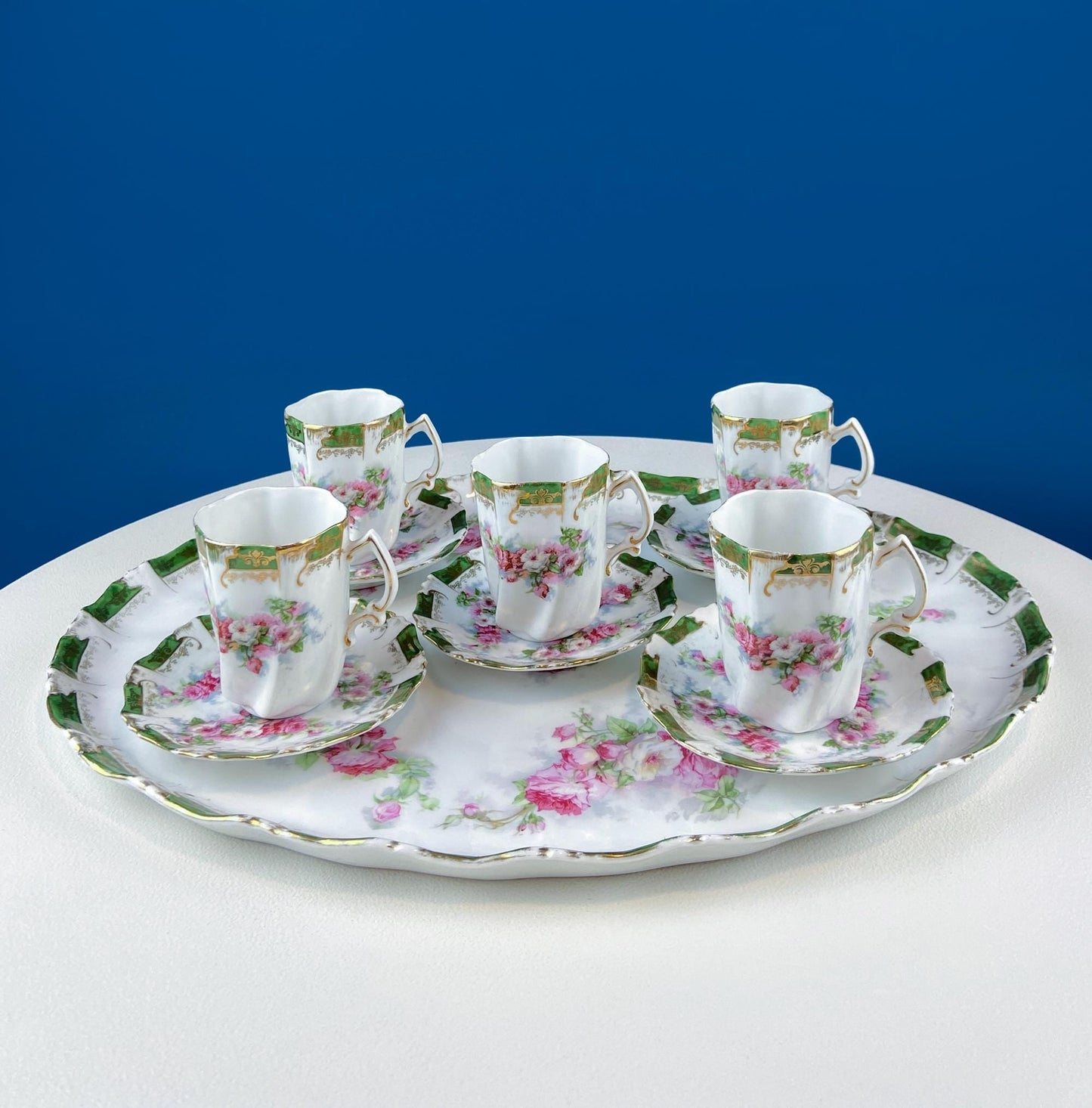 Antique Hot Chocolate or Coco Serving Set. Wild Roses Motif. Oval Hand-Painted Tray & Five Matching Cups. Anniversary Gift. Gift for Mom.