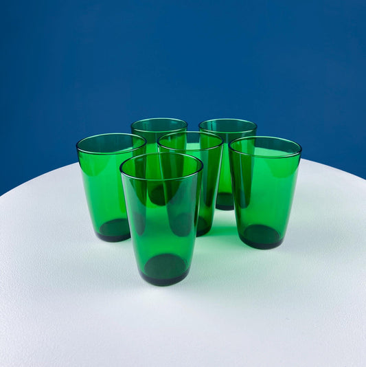 Vintage Modern Dark Green Tumblers. Set of 6 Minimal Glasses. Green Kitchen Decor. Dining Room Decor. Collectible Glass. Gift for Him or Her.