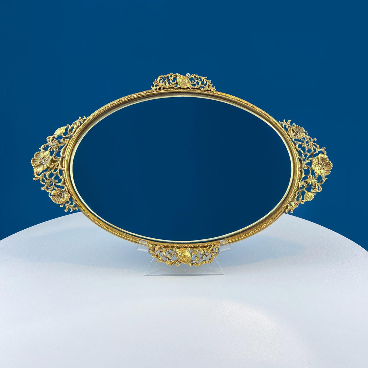 Vintage Gold Dresser Vanity Mirrored Tray. Rich Gilded Metal Tea Rose Oval Frame. Chic Bedroom Bath Perfume Display. Wall Hanging.