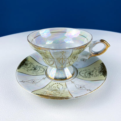 Vintage Pearlescent Tea Cups and Saucers with Light Yellow & Gold Accents. Set of 2 Cups. Slightly Different Silhouettes. Gift for Couple.