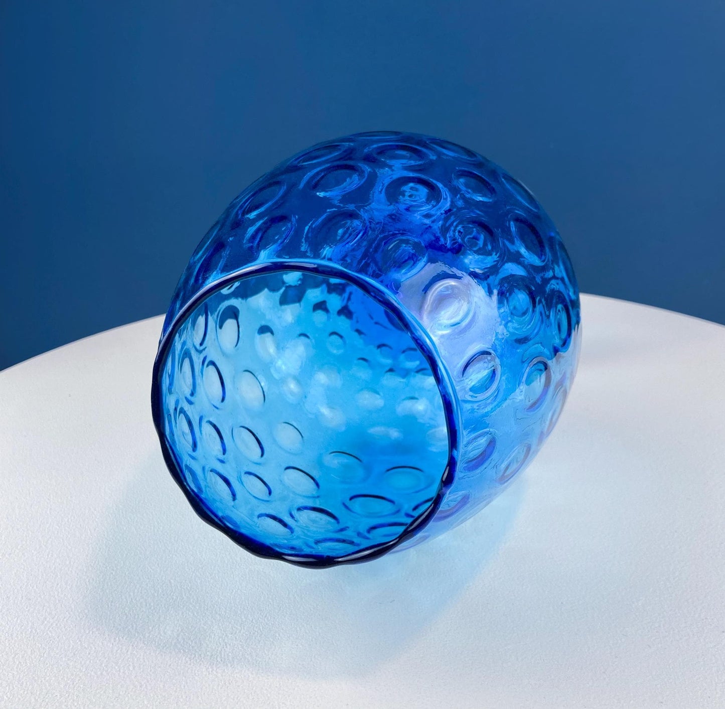 Blue Hand-Blown Glass Footed Vase. Large Goblet with Thumb Print Motif. Collectible Modern Glass. Home or Retail Decor. Interior Design Idea