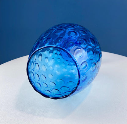 Blue Hand-Blown Glass Footed Vase. Large Goblet with Thumb Print Motif. Collectible Modern Glass. Home or Retail Decor. Interior Design Idea