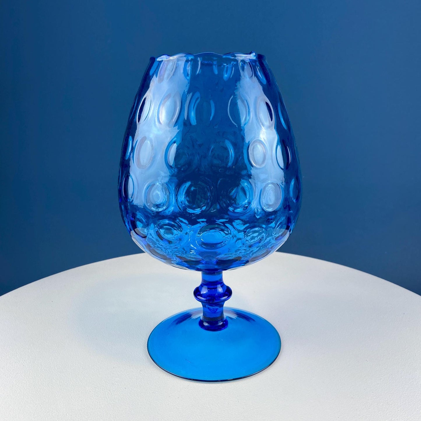 Blue Hand-Blown Glass Footed Vase. Large Goblet with Thumb Print Motif. Collectible Modern Glass. Home or Retail Decor. Interior Design Idea