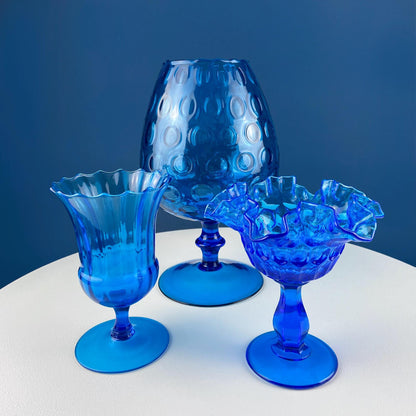 Blue Hand-Blown Glass Footed Vase. Large Goblet with Thumb Print Motif. Collectible Modern Glass. Home or Retail Decor. Interior Design Idea