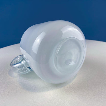 Modern White & Clear Glass Vase with Swirl Handle. Unique White Cased Hand Blown Art Glass with Scroll. Bath Storage. Interior Design Ideas.