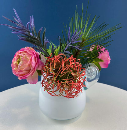 Modern White & Clear Glass Vase with Swirl Handle. Unique White Cased Hand Blown Art Glass with Scroll. Bath Storage. Interior Design Ideas.