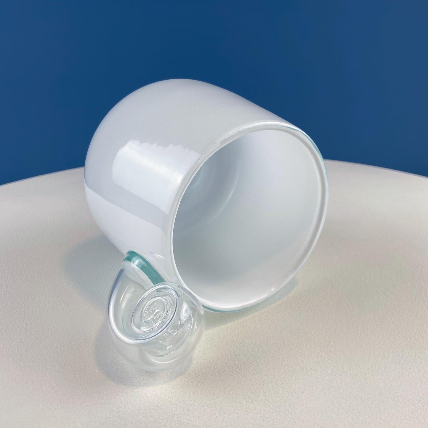 Modern White & Clear Glass Vase with Swirl Handle. Unique White Cased Hand Blown Art Glass with Scroll. Bath Storage. Interior Design Ideas.