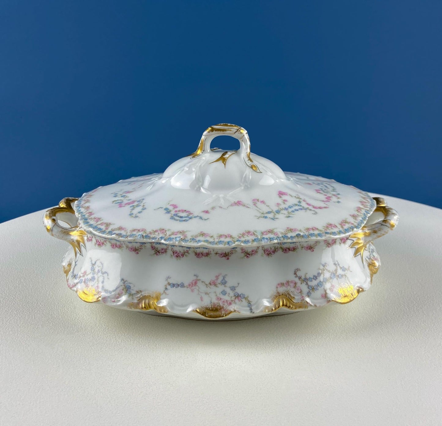 Antique Limoges Breakfast Lunch Dish Set for 8. Floral Motif: Forget-me-Nots Tea Roses. French Country Living. Dining Tea Room Decor.