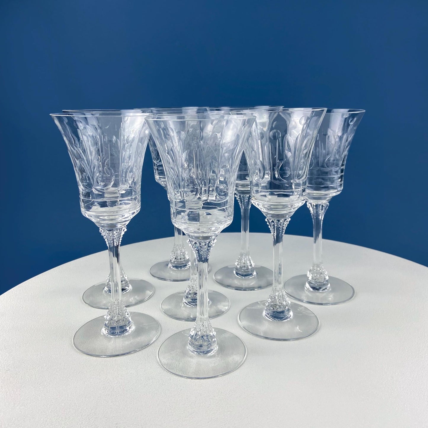 Vintage Heisey Danish Princess Cut Crystal Wine or Water Goblets. Set of 8 Stemware. Beautiful Shimmer & Ping. Wedding Gift. Housewarming.