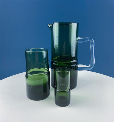 Vintage Hand Blown Double Dipped Modern Dark Green Pitcher with Glasses & 5 Small Juice Tumblers. Dining Room Decor.