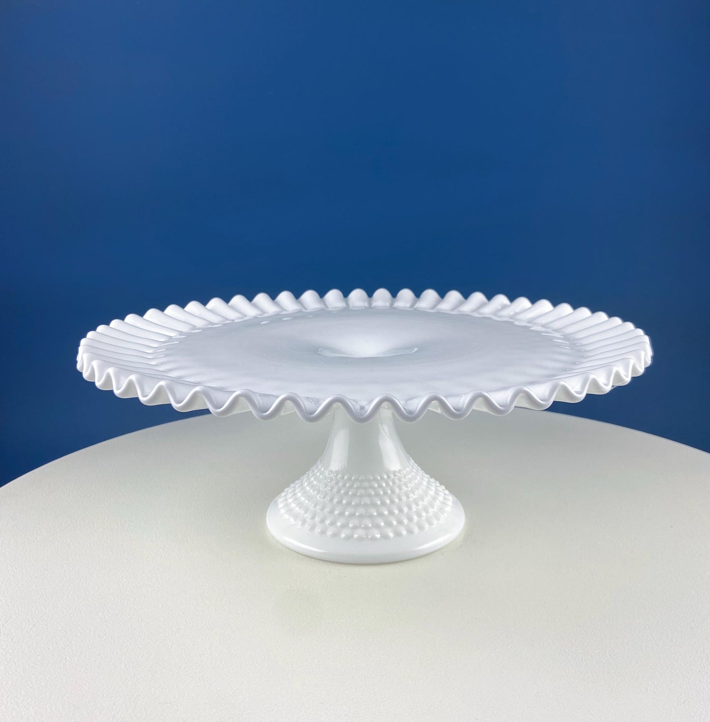 Vintage Thumb Print Milk Glass Cake Stand. White 12" Cake Serving Platter with Ruffled Edge. Wedding Birthday Holiday Celebration.