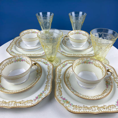 Dessert Salad Plates by Noritake, Elvira Pattern. 5 Porcelain Square Plates with Gold Garland Motifs. Hosting Essentials. Dining Room Decor.