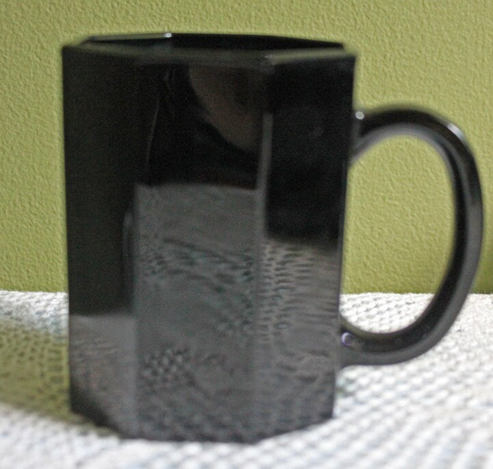 Black Glass Mugs.  Six Modern Octagonal Design Cups Made by Arcopal in France.