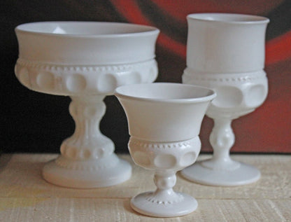 Vintage Milk Glass Compote or Footed Bowl. White Glass Candy Dish. Trinket Dish. Waffle Pattern with Scalloped Reticulated Edge.