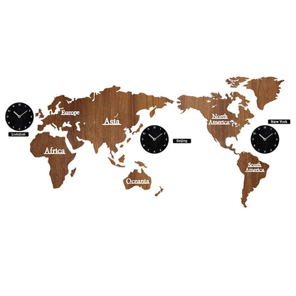 European Wooden Creative Wall Clock with 3D World Map