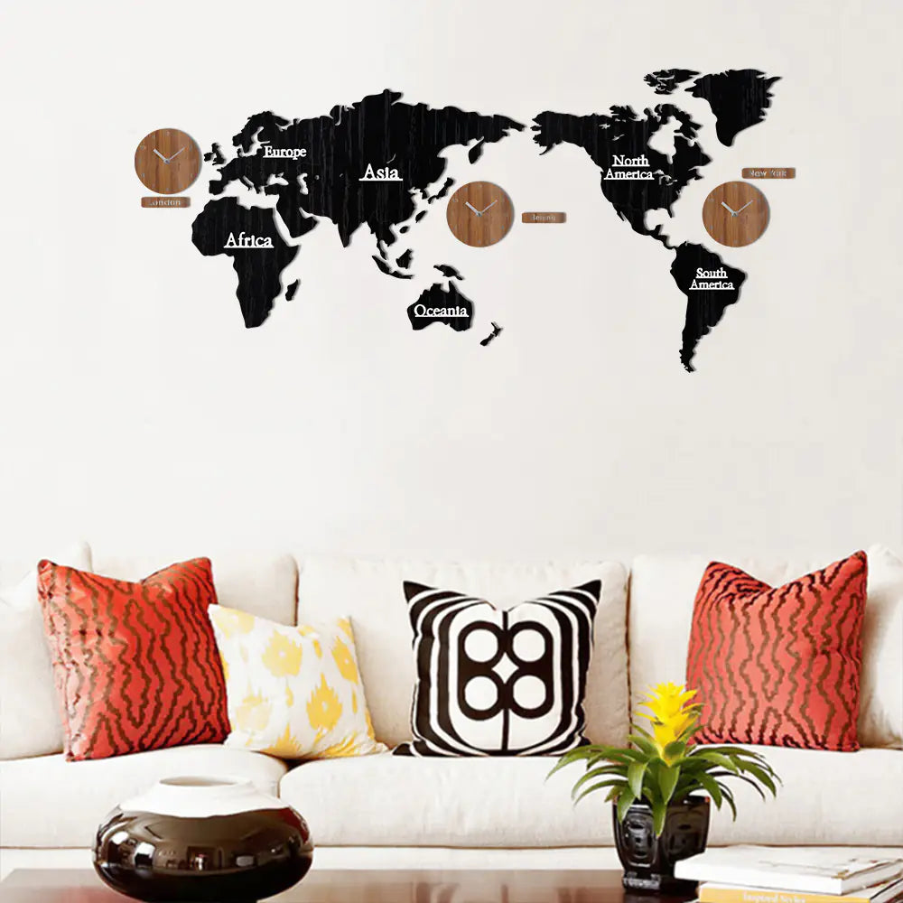 European Wooden Creative Wall Clock with 3D World Map
