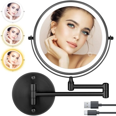 Rechargeable Wall Mounted Lighted Makeup Mirror 8 inch Double Sides 1X/10X Magnifying LED Makeup Mirror 3 Color Lights Touch Screen Dimmable 360° Swivel Extendable Bathroom Mirror Shaving Mirror Black