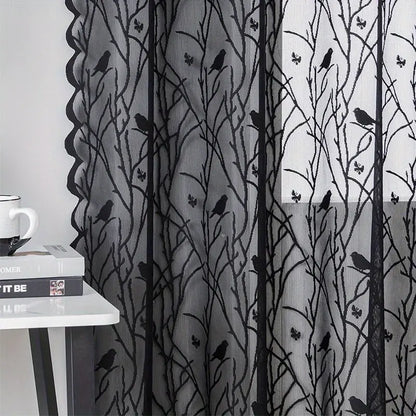 Elegant Black Lace Bird Pattern Sheer Curtains (Grommet Top)