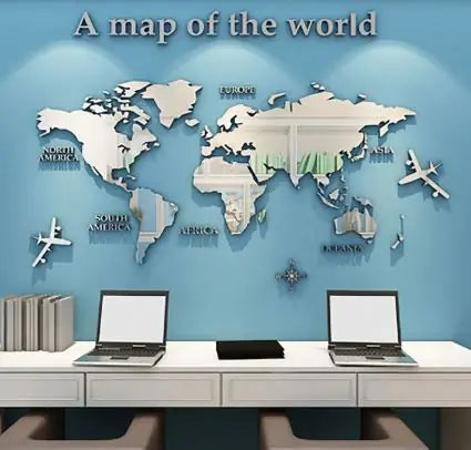 3D World Map Wall Mirror Sticker