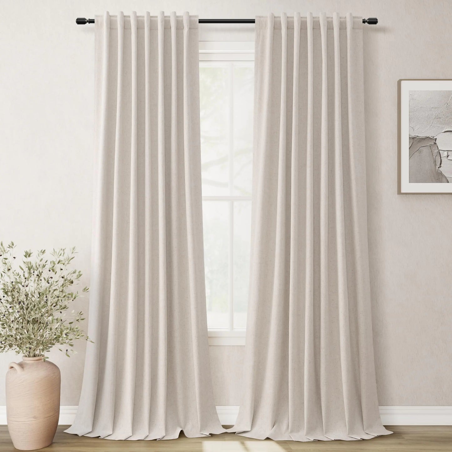 BOODII 108 Inch Black Out Curtains 2 Panels Set Back Tab Thermal Insulated Natural Linen Textured Blackout Curtains Noise Reducing Cream Sand Beige Neutral Living Room Darkening Window Drapes 52x108