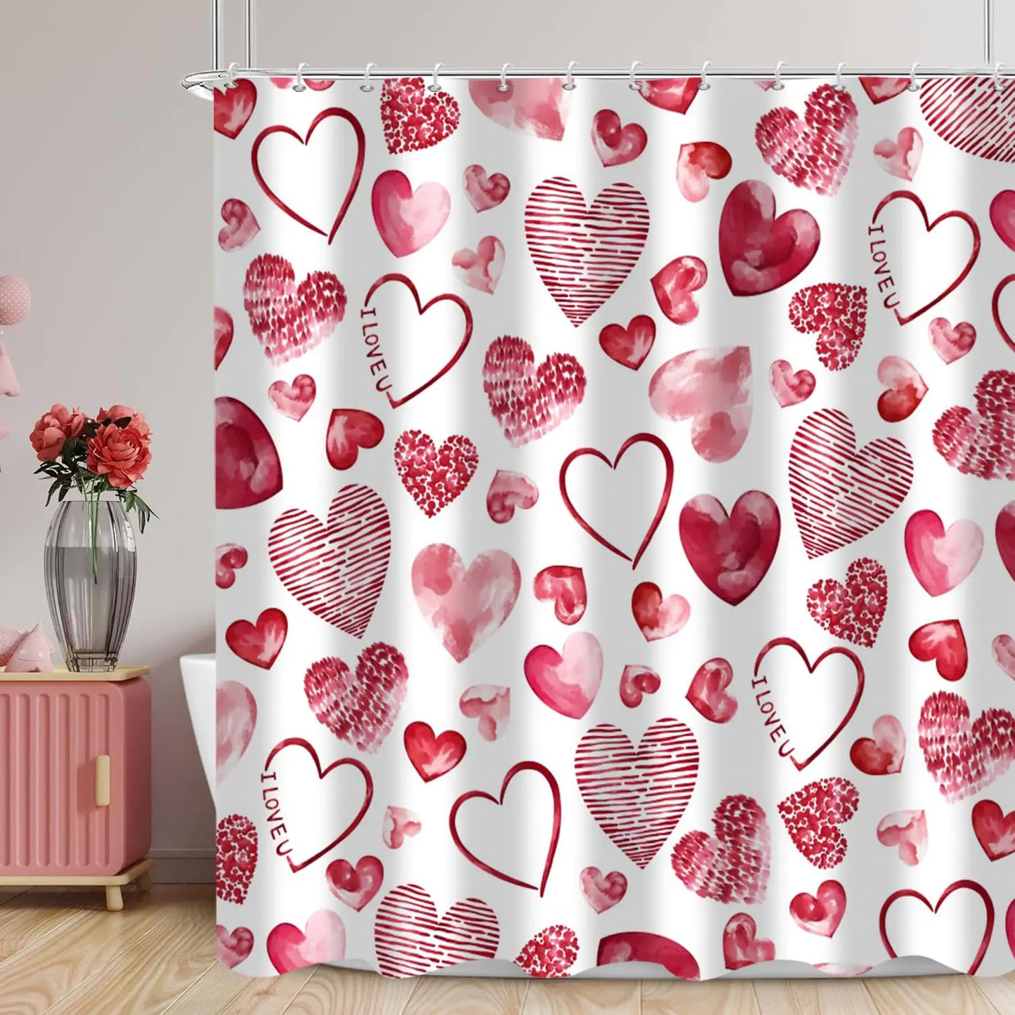 GKLEASG Valentines Day Shower Curtain Red Pink Loving Hearts Romantic Theme Bathroom Curtains Waterproof Fabric Bathtub Curtains Set with Hooks 60"x78"