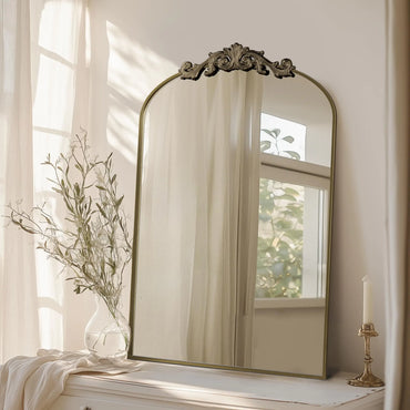 Arched Wall Mirror Vintage Carved Bathroom Mirror 22" x 30" Bronze Antique Metal Frame Wall Mirror for Bedroom Living Room Entryway Fireplace Hallway