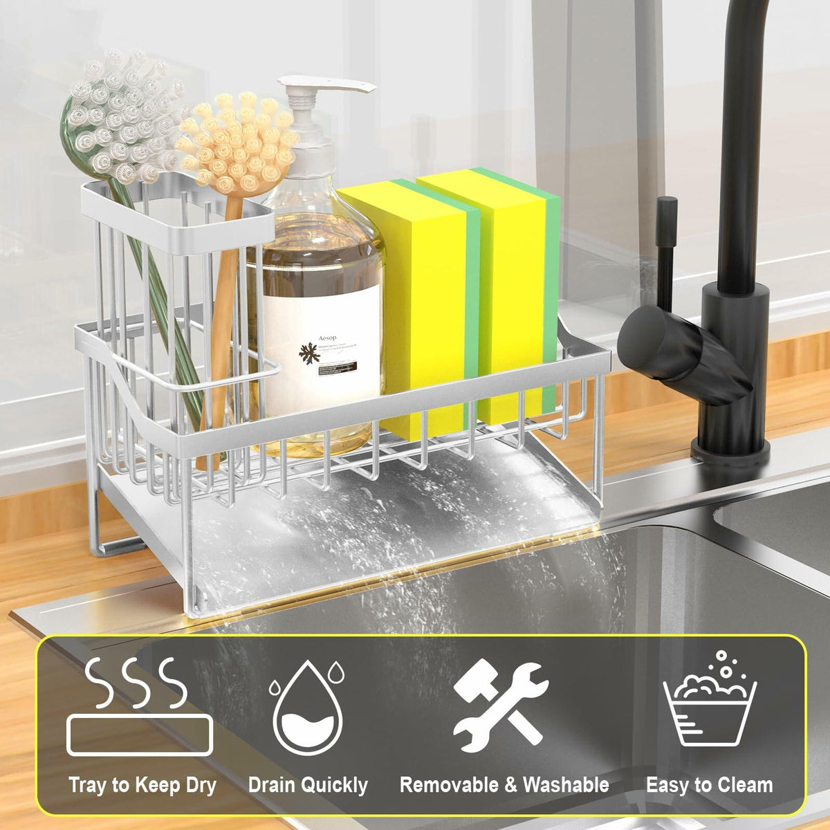 Vanwood Kitchen Sink Caddy Sponge & Brush Holder Stainless Steel Silver