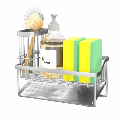 Vanwood Kitchen Sink Caddy Sponge & Brush Holder Stainless Steel Silver