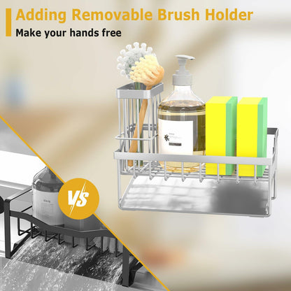 Vanwood Kitchen Sink Caddy Sponge & Brush Holder Stainless Steel Silver