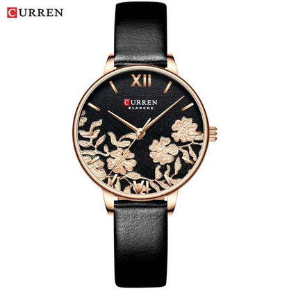 Womens Elegant Waterproof Clock With Decoupage Flower Details In Variant With Leather And Stainless Steel Knitted Belts