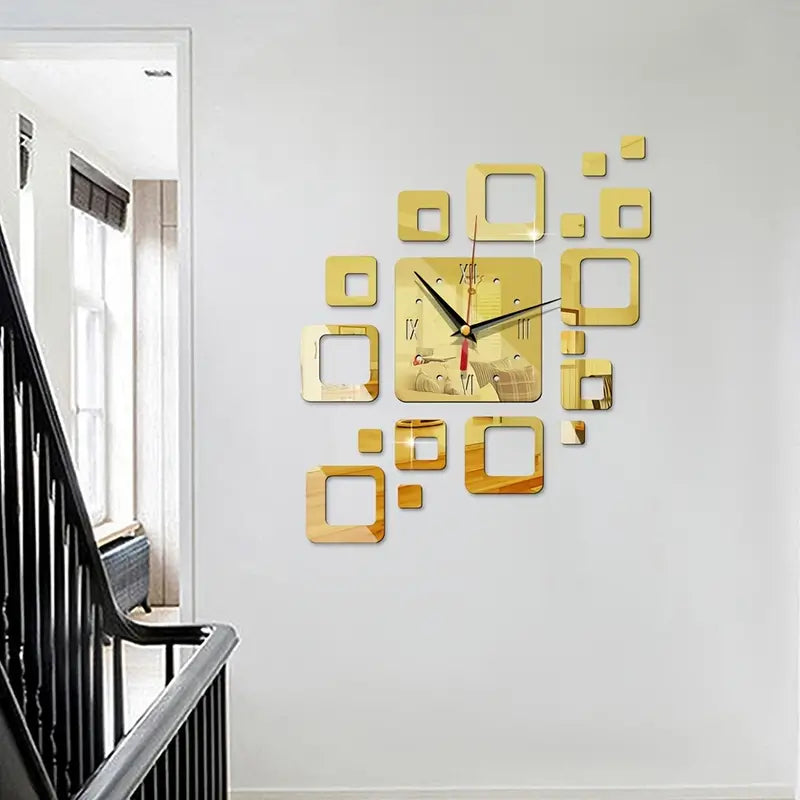 DIY 3D Square Wall Clock with Mirror Stickers