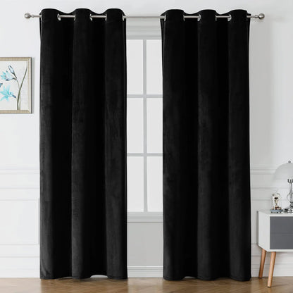 Victree Black Velvet Curtains for Bedroom Blackout Curtains 42 x 84 inch Length - Room Darkening Sun Light Blocking Grommet Window Drapes for Living Room 2 Panels
