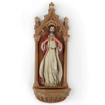 BC Catholic Sacred Heart of Jesus Statue Holy Water Font Wall Plaque Inspirational Home Décor Religious Gift 9" H Renaissance Sculpture Handmade by Buildclassic