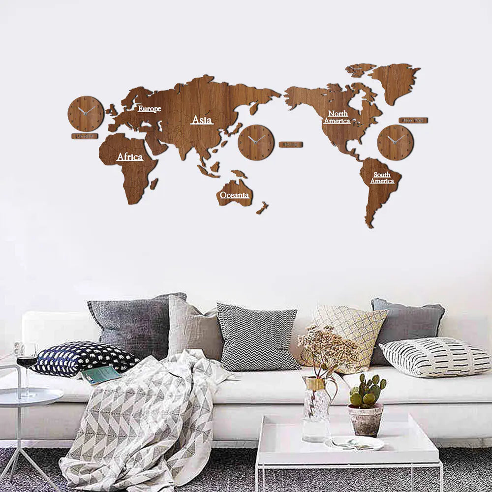 European Wooden Creative Wall Clock with 3D World Map