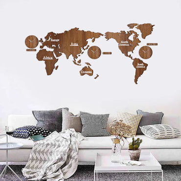 European Wooden Creative Wall Clock with 3D World Map