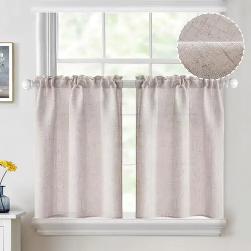MIULEE Linen Textured Small Kitchen Window Curtains Over Sink Semi Sheer Farmhouse Cafe Curtains 30 Inch Long Short Rod Pocket Half Window Tier Curtains for Bathroom Basement 2 Panels Natural White