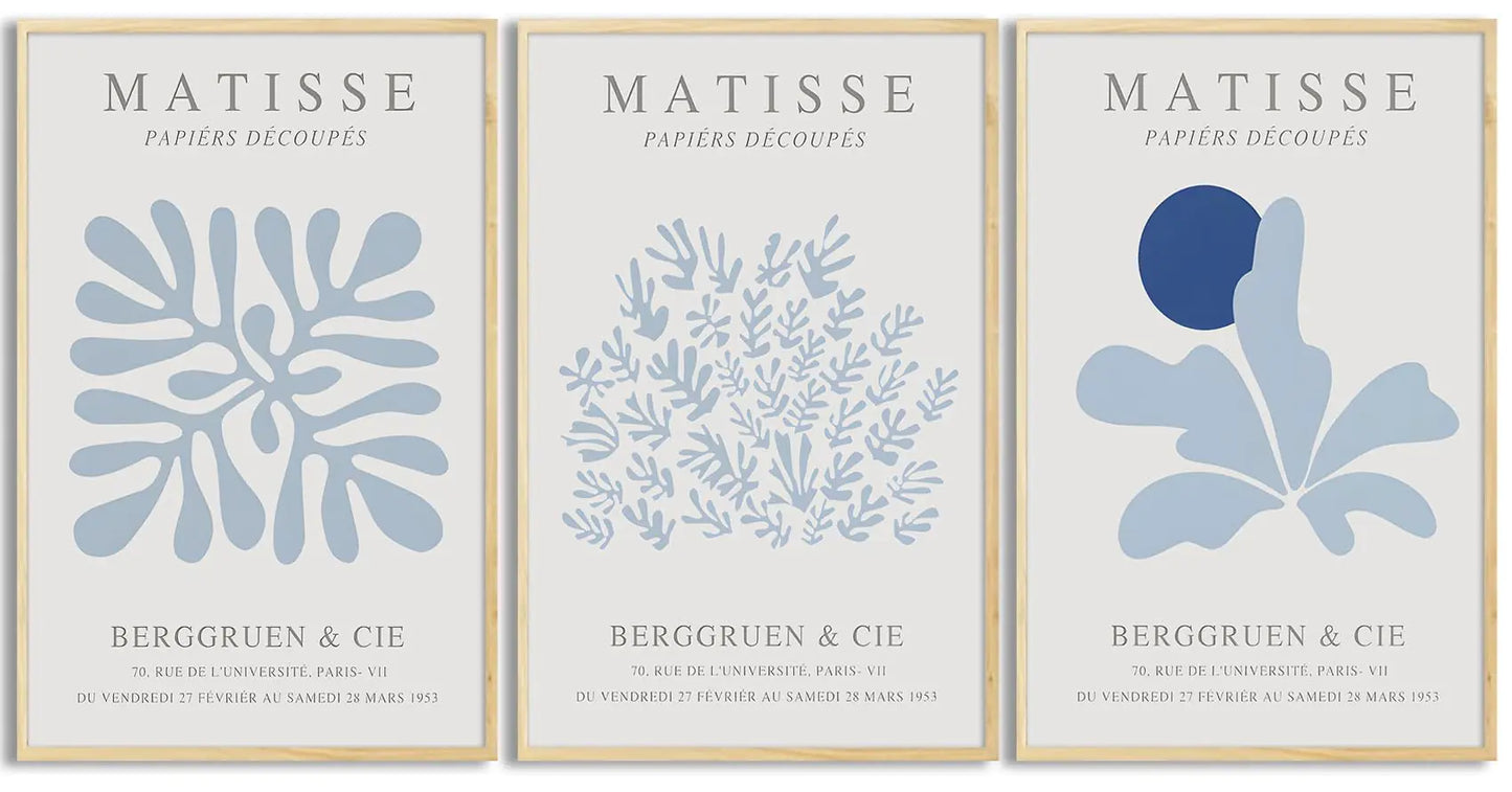 Bwodke Blue Matisse Plant Leaves Canvas Wall Art Print Poster Set of 3 Flower Market Abstract Aesthetic Minimalist Wall Decor Painting Living Room Bedroom Bathroom (Blue 16x24in Unframed)