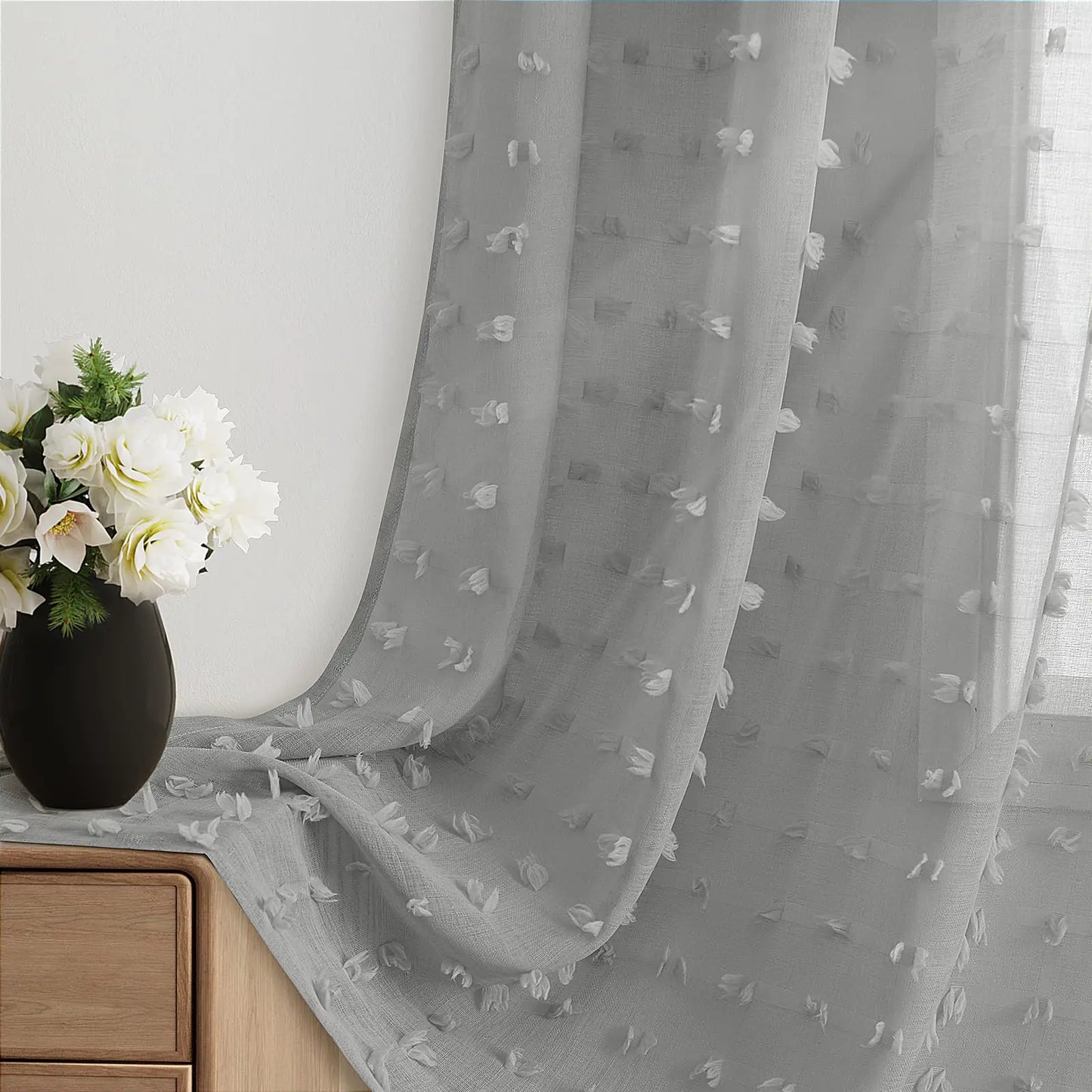 Jowels Grey Sheer Curtains 72 Inches Long for Living Room Bedroom Boho Pom Pom Curtains 2 Panels Set Back Tab Rod Pocket Curtain Easy to Install Semi Sheer Modern Aesthetic DrapeGrey 52x72