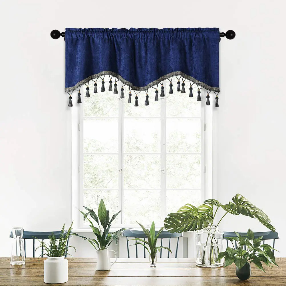 ELKCA Thick Chenille Window Curtains Tier for Kitchen Royal Blue Scalloped Valance with Tassels for Living Room52" W x 18" L1 Panel