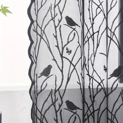 Elegant Black Lace Bird Pattern Sheer Curtains (Grommet Top)