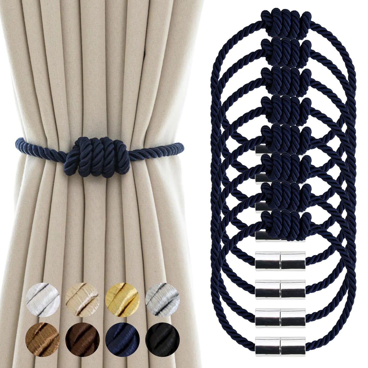 Contoeey Curtain Tiebacks Magnetic Decorative Curtain Tie Backs for Curtains 8 Pack Rope Curtain Holders for Drapes Outdoor Curtain Holdbacks Navy