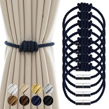 Contoeey Curtain Tiebacks Magnetic Decorative Curtain Tie Backs for Curtains 8 Pack Rope Curtain Holders for Drapes Outdoor Curtain Holdbacks Navy