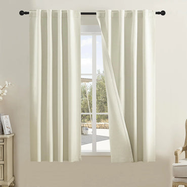 DUALIFE Beige Blackout Linen Curtains 54 Inches Long-Back Tab Loop Pocket Narrow Curtains for Bedroom Bathroom Basement Décor 34x54 Inch Length Ivory Cream Colored 2 Panels Set